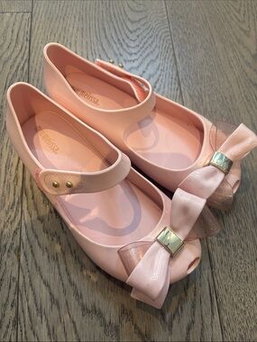 Mini Melissa Pink Bow Mary Jane Flats with Gold Accent
